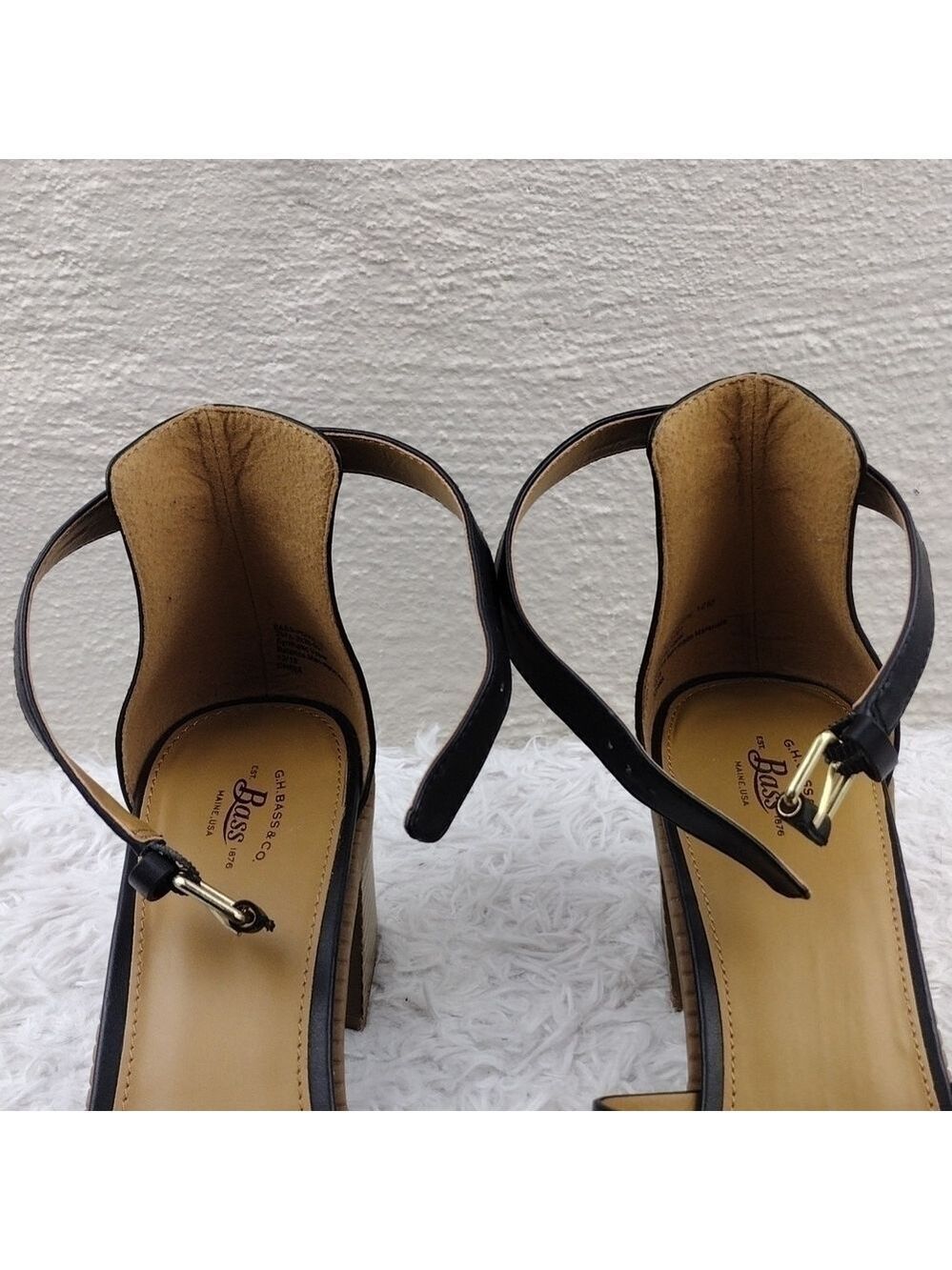 G.H. Bass & Co. Penelope Black Open Toe Ankle Strap Block High Heel Sandal Shoe - Picture 14 of 15